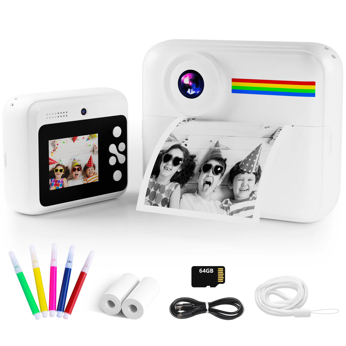 Pink Touch Kids Camera Instant Print, Dual Lens Children Selfie Camera, Christmas Birthday Gift Toy for Boys and Girls, Portable Travel Camera Toy, HD 1080P Kids Camera with SD Card - White