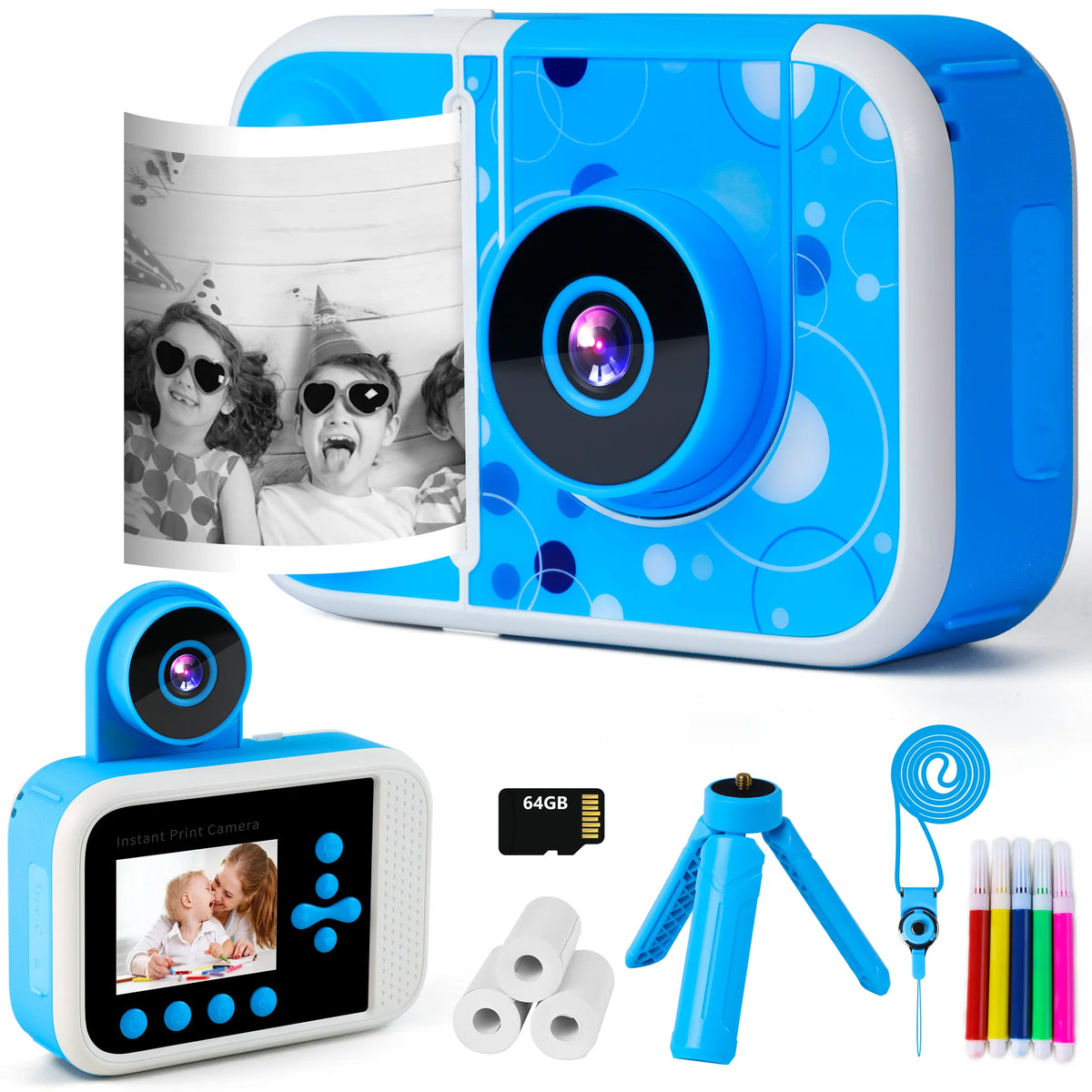 Pink Touch Kids Camera Instant Print, Front Rear Dual Selfie Kids Camera with 1080P Videos, Portable Children Digital Camera with 64GB Card, Best Christmas and birthday gifts for kids aged 3-12, Blue