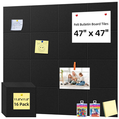 Sentryse Felt Tile Bulletin Board, 16 Pack Felt Wall Tiles with 100 Push Pins,10 Push Pin Clips, Sticky Notes, Large Alternative Cork Board for Walls Home Office, 47 X 47 inches