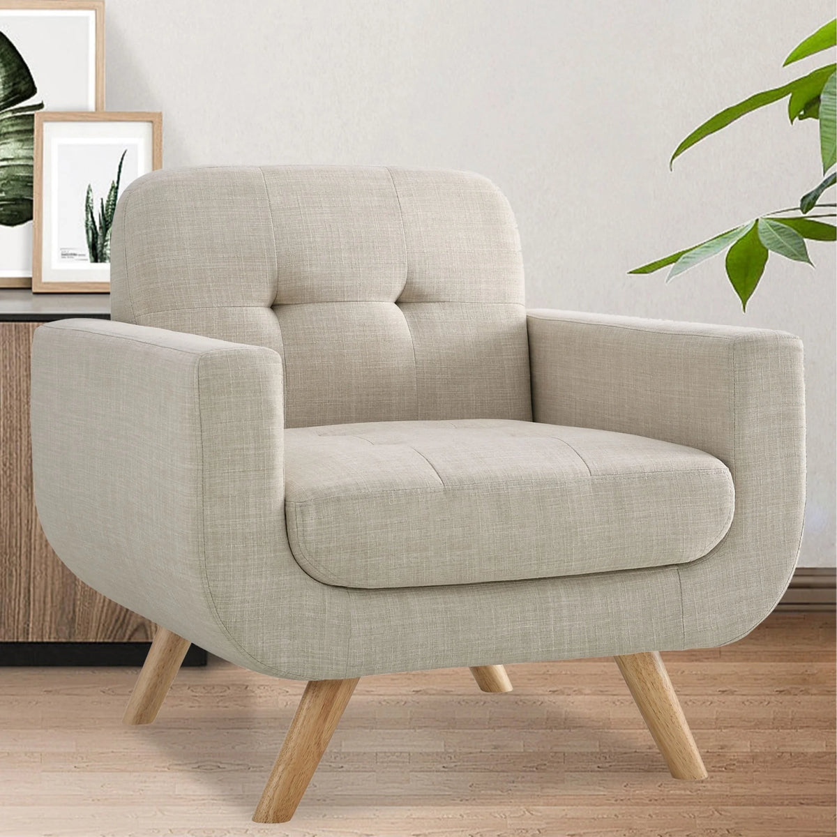 SENCHO GINSYTALIOR Mid-Century Accent Chairs, Modern Upholstered Living Room Chair, Cozy Armchair Button Tufted Back and Wood Legs for Bedroom/Office/Cafe,Beige