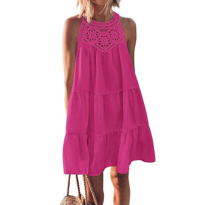 SHIBEVER Womens Summer Hollow Out Halter Dresses Casual Sleeveless A-Line Tiered Swing Sundress Beach Vacation Mini Dress for Womens Clothes Lace Crochet Babydoll Dresses