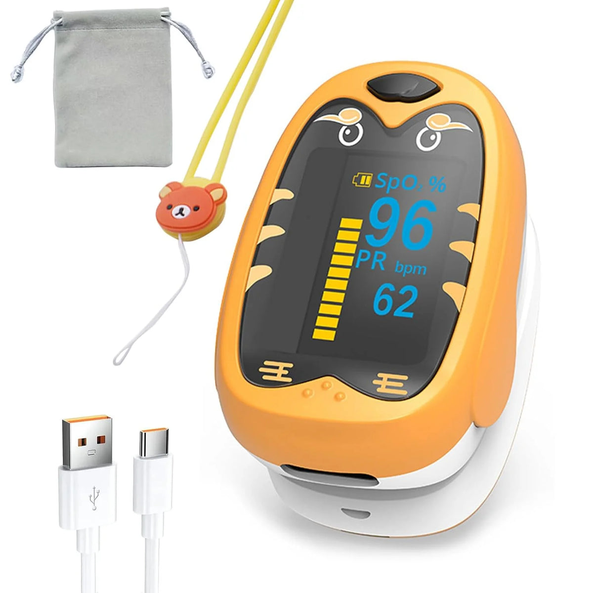 SUWU pulse oximeter Rechargeable Kids Pulse Oximeter oxygen monitor fingertip children pulse oximeter fingertip with charging cable, oximetro with lanyard, Drawstring Bag(Orange)