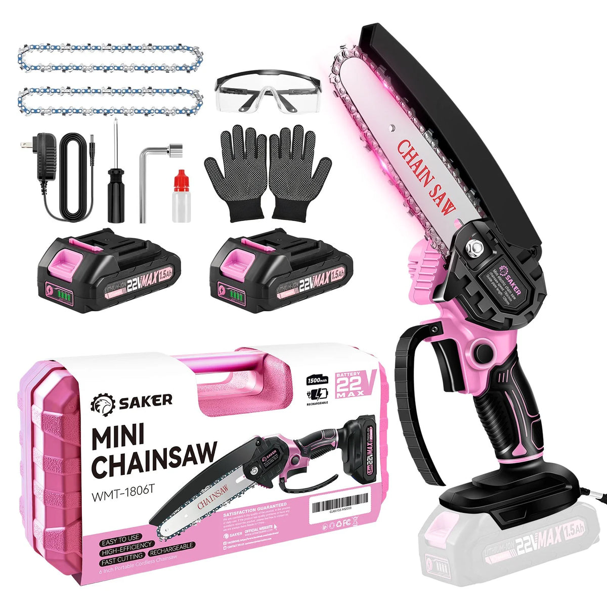 Saker 6 inch Portable Electric Chainsaw with 2 22V 1500mAH Batteries, One Hand Small Chainsaw with Security Lock, Friendly to The Women and Elderly, LED Indicator, Pink