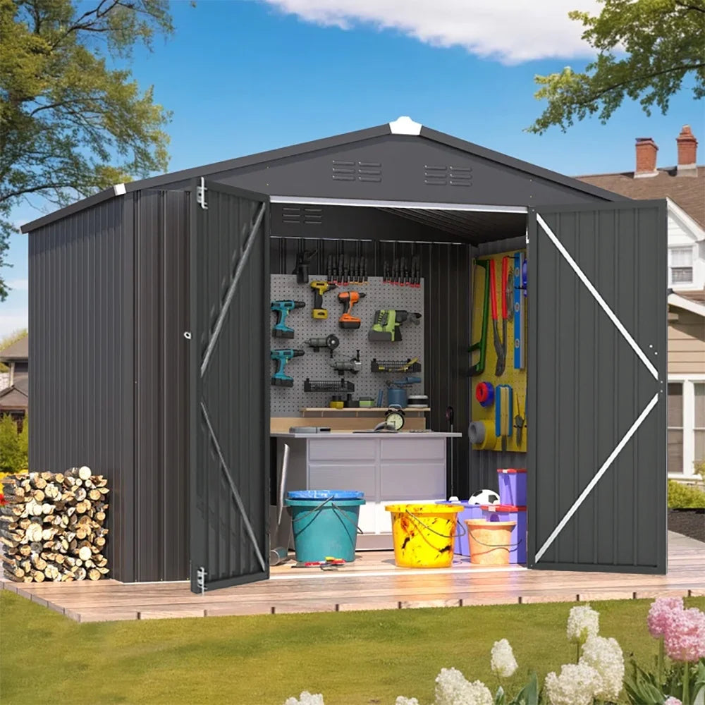 Seizeen Large Shed & Outdoor Storage, 8x6FT Metal Storage Shed for Tools, All-Weather Galvanized Garden Shed with Sloped Top, Backyard Patio Lawn Palisade Shed