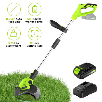Steelite 12-inch 21V Cordless String Trimmer, Battery Powered Weed Wacker & Lightweight Grass Trimmer with 2.0Ah Battery and Charger, Electric Weed Eater for Trimming and Edging