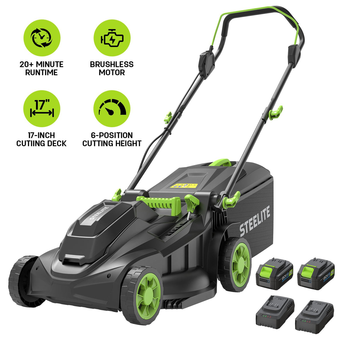 Steelite 17" Cordless Lawn Mower, 2x21V Battery Powered Walk-Behind Push Mowers,Electric Lawn Mowers with Brushless Motor, 2-in-1 Mulching & Bagging,6 Heights Adjustment, 2*4.0Ah Battery Included