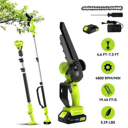 Steelite 2-in-1 Cordless Pole Saw & 6" Electric Mini Chainsaw,21V 2.0 Ah Battery Powered Brushless Pole Chainsaw ,13 FT Max Reach for Tree Trimming,5.29 lbs Lightweight,with Replacement Chain