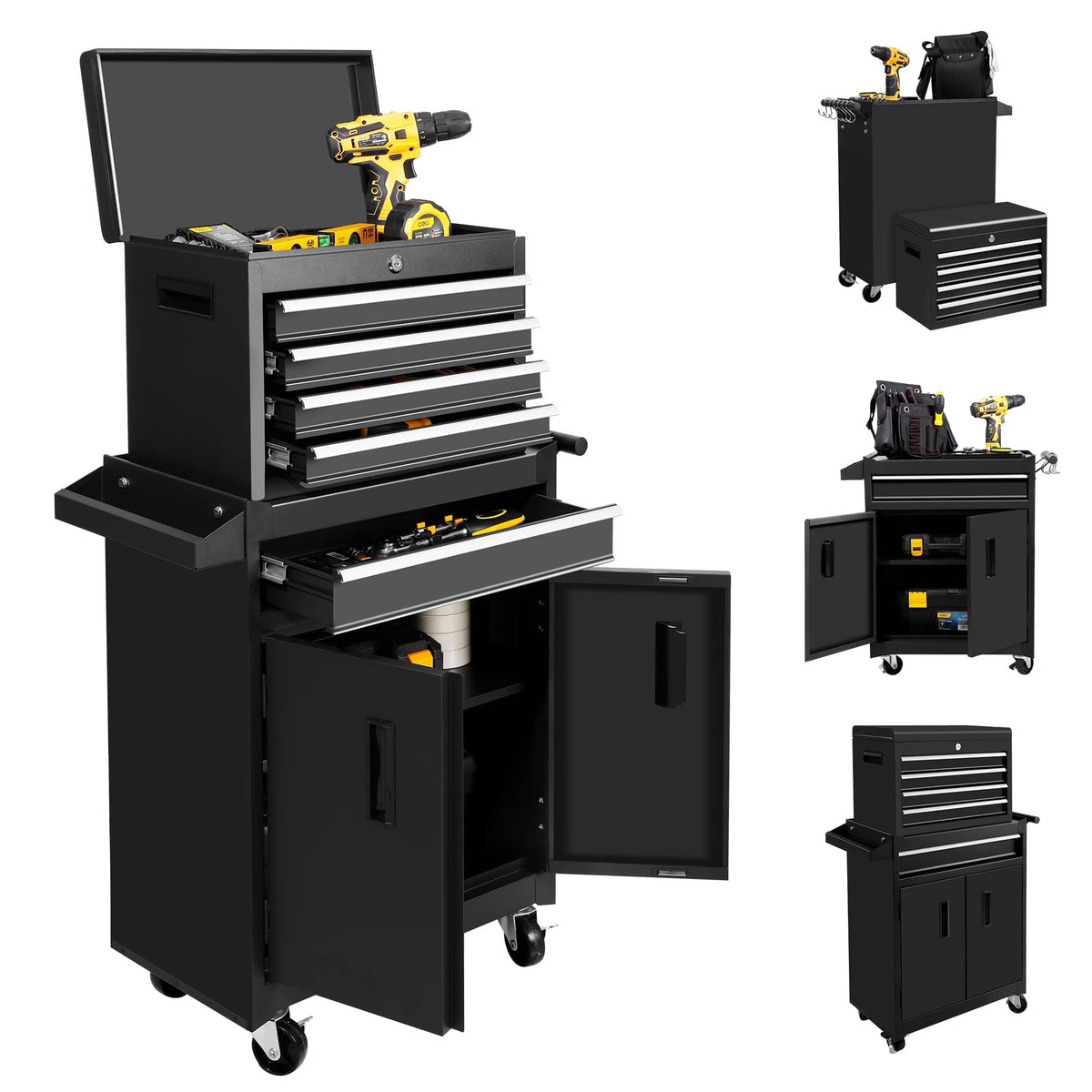 Steelite 26-Inch Tool Chest & Storage Cabinet, 5 Drawers Rolling Tool Chest with Detachable Top Tool Box for Garage Warehouse Workshop, Rolling Garage Organizer with Handle and 6 Hooks