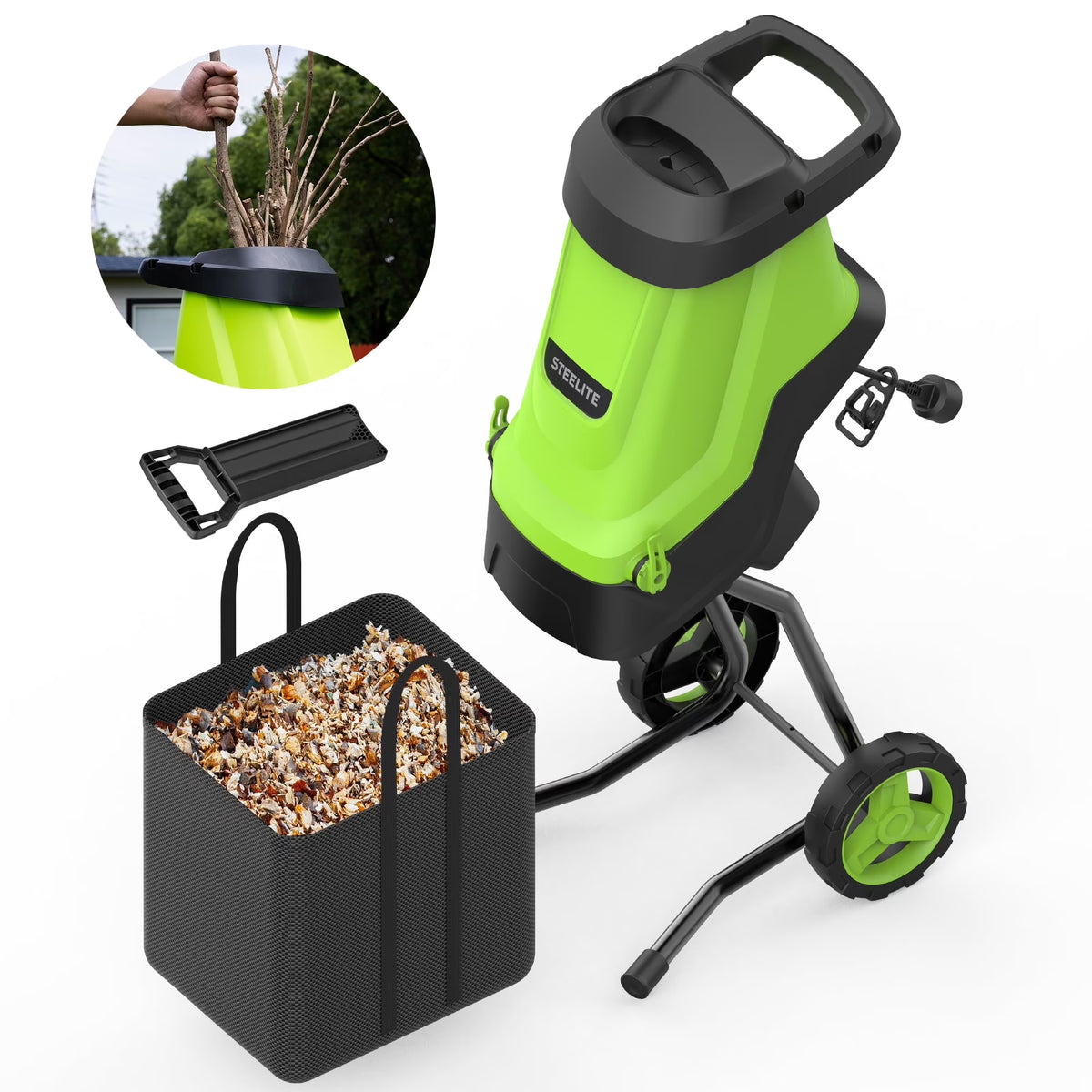 Steelite Electric Wood Chipper Shredder,15-Amp Corded Leaf Mulcher with 45L Collection Bag, 1.75 Inch Cutting Diameter,Wood Chippers, Shredders, & Mulchers