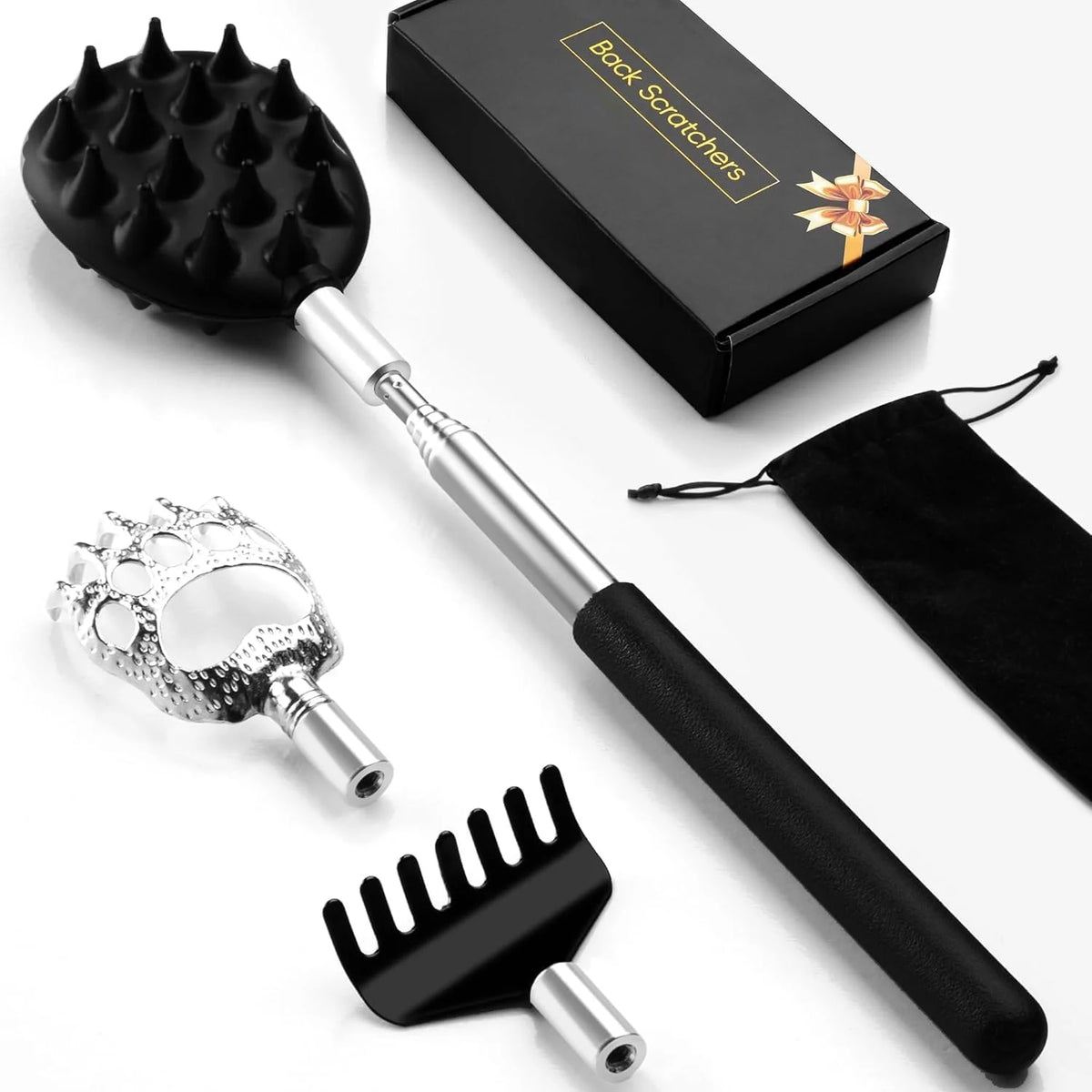Telescoping Back Scratcher with 3Pcs Detachable Scratching Heads, Stocking Stuffers for Men Back Scratcher for Men/Women,Dual Sides/Paw/Rake Scratcher Christmas Gifts for Men Women