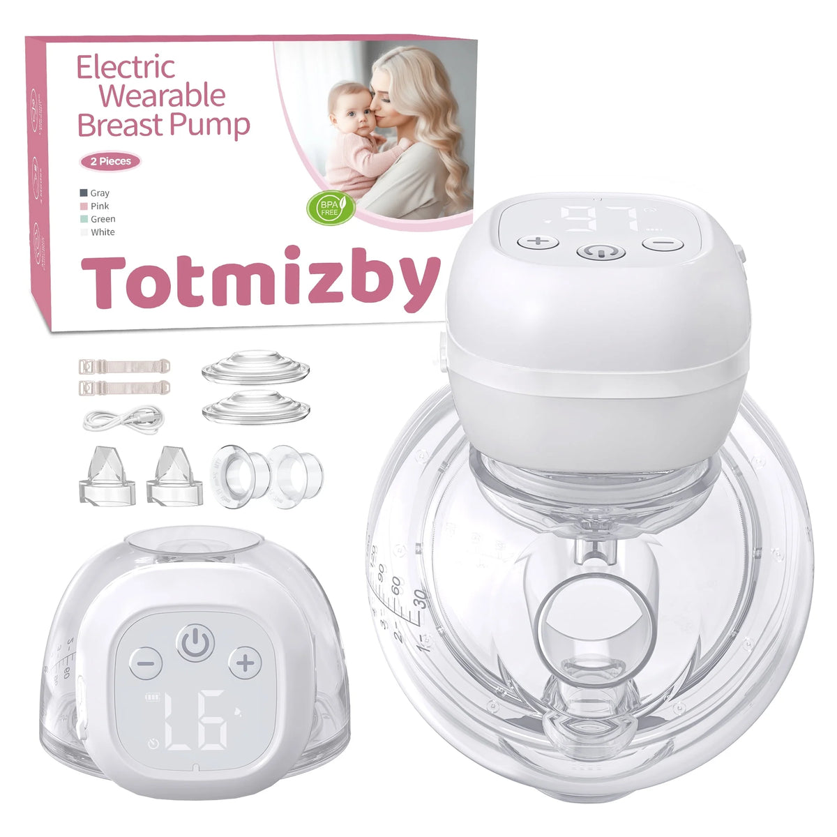 Totmizby Hands-Free Wearable Breast Pump,Electric Breast Pump with 3 Mode & 12 Levels,Portable and Low Noise-17/19/21/24mm Flange,2 Pack(White)