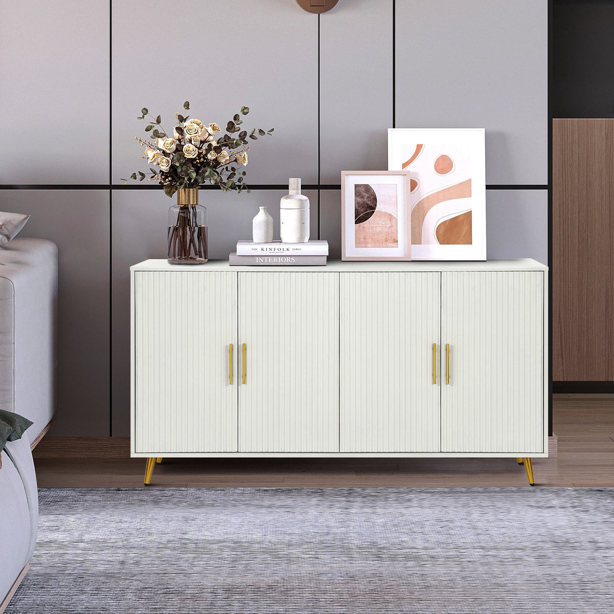 Wood TV Stand with Storage Cabinet & Adjustable Shelves, Media TV Console for Living Room Bedroom