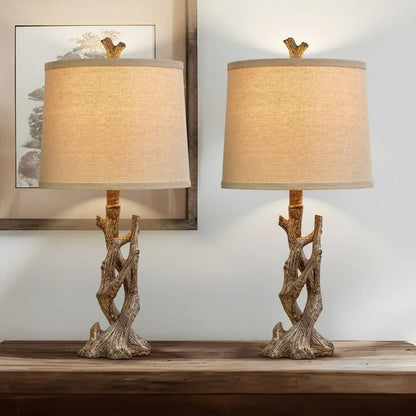 Yokila 23" Wood Grain Rustic Table Lamp Set of 2 for Living Room Bedroom Farmhouse Tree Trunk Bedside Nightstand Lamps with Lamp Shade