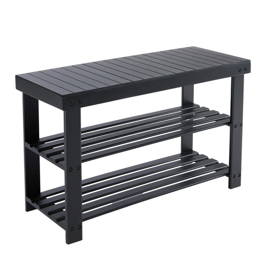 ZUNMOS 3-Tier Bamboo Shoe Rack Bench, 11.3 x 27.6 x 17.8 Inches Compact Storage Organizer with 286lb Capacity for Entryway, Bedroom and Living Room, Black