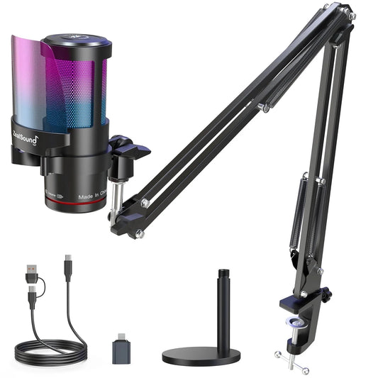 ZealSound Gaming USB Microphone,Noise Cancellation Condenser mic with Touch Mute,Gain,Monitoring,Boom Arm for Streaming,Podcast,Twitch,YouTube,Discord,iPhone,iPad,PC,Computer,PS4,PS5,Mac,GamerWave