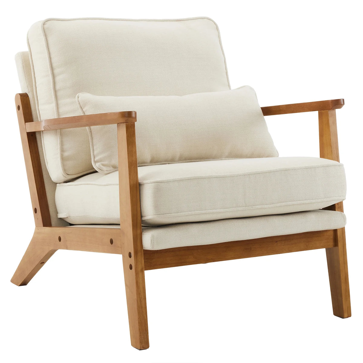 Zimtown Arm Chair, Modern Walnut Oak Accent Chair, Upholstered Cotton Linen Single Chair, Milky White