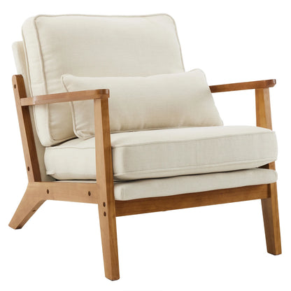 Zimtown Arm Chair, Modern Walnut Oak Accent Chair, Upholstered Cotton Linen Single Chair, Milky White