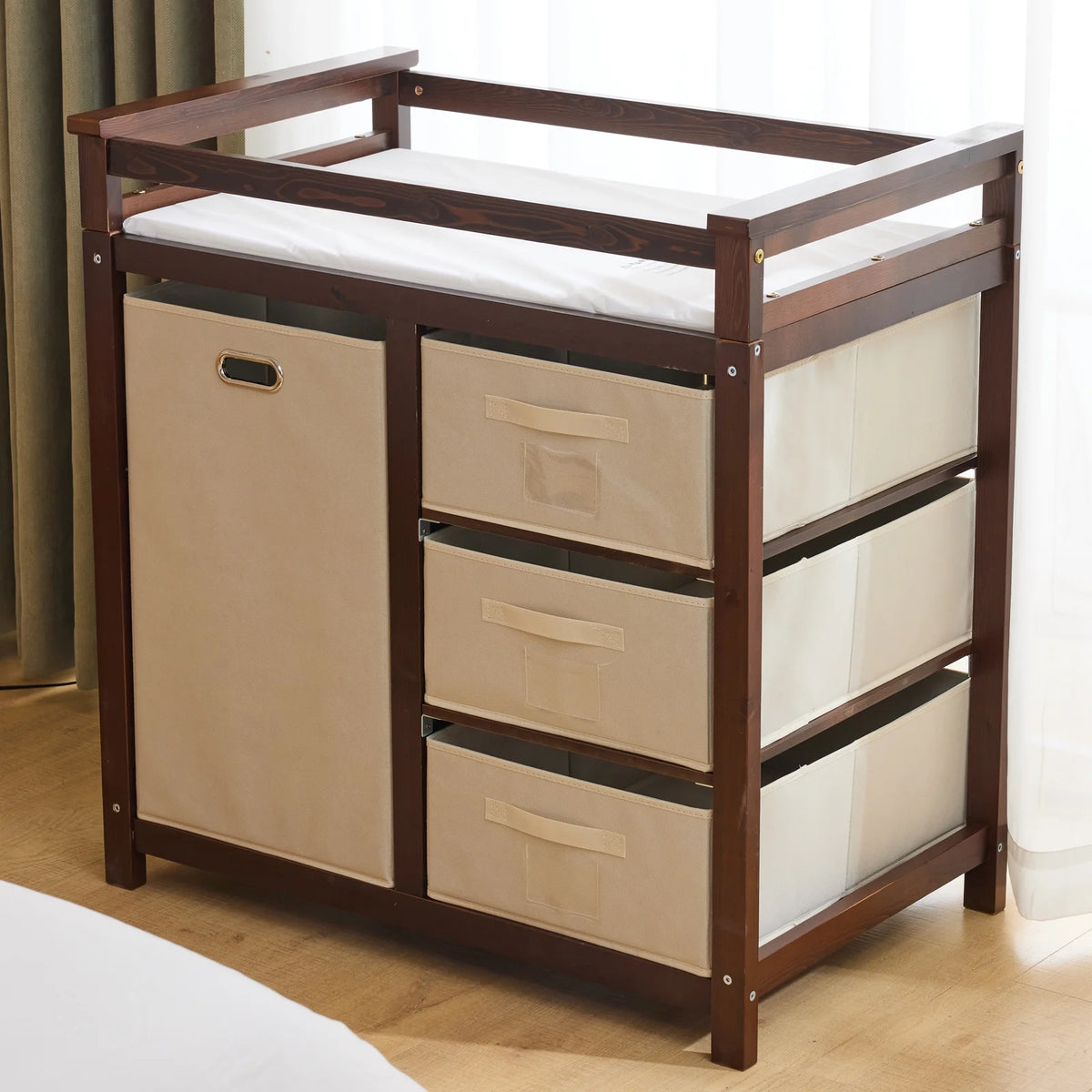 Baby Changing Table,Dresser Baby Diaper Changing Station with Laundry Hamper,Infant Nursing Table with 3 Storage Drawers,Removable Safety Rail & Strap for Bedroom,Brown