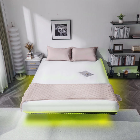 Zimtown Full 14" Floating Bed Frame with USB Charging and LED Lights, Metal Platform Bed, Black