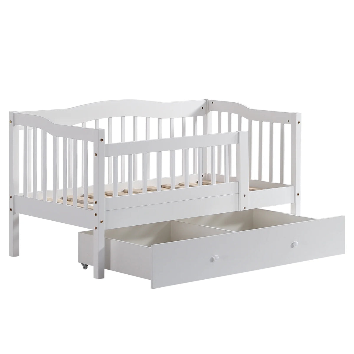 Zimtown Toddler Daybed, Wood Kids Day Bed Frame with Storage Drawer, Children Classic Sleeping Bedroom Furniture w/Safety Rail Fence (White)