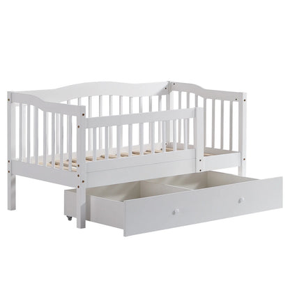 Zimtown Toddler Daybed, Wood Kids Day Bed Frame with Storage Drawer, Children Classic Sleeping Bedroom Furniture w/Safety Rail Fence (White)