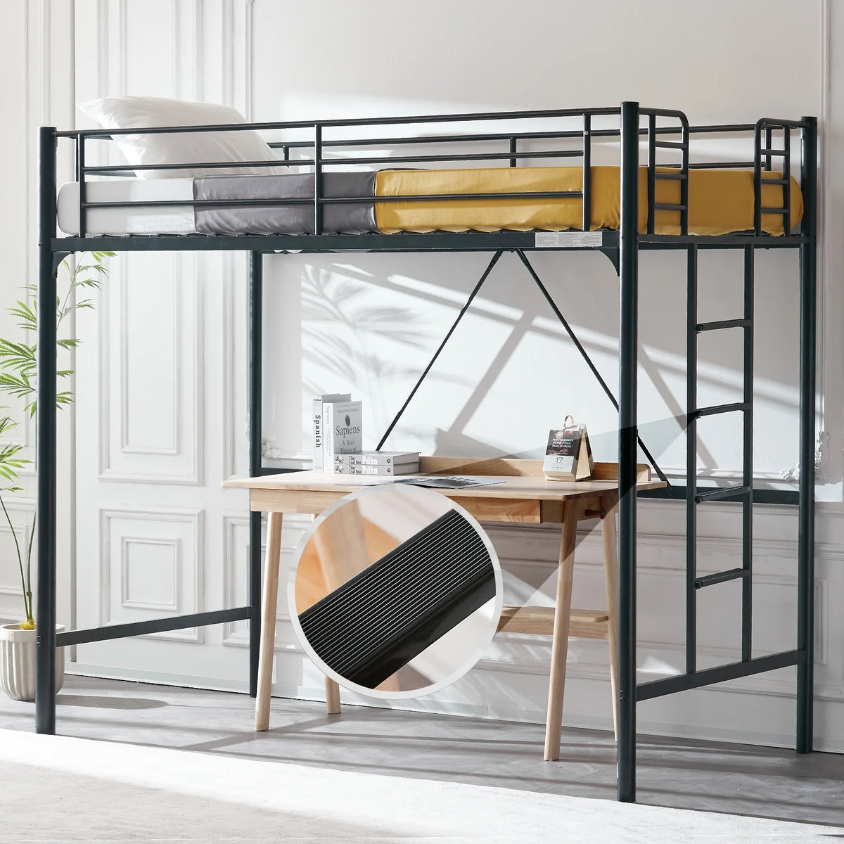 Zimtown Twin Loft Bed with Ladder Metal Bunk Bed with Flat Step Ladder for Kids Teens Adults, Black