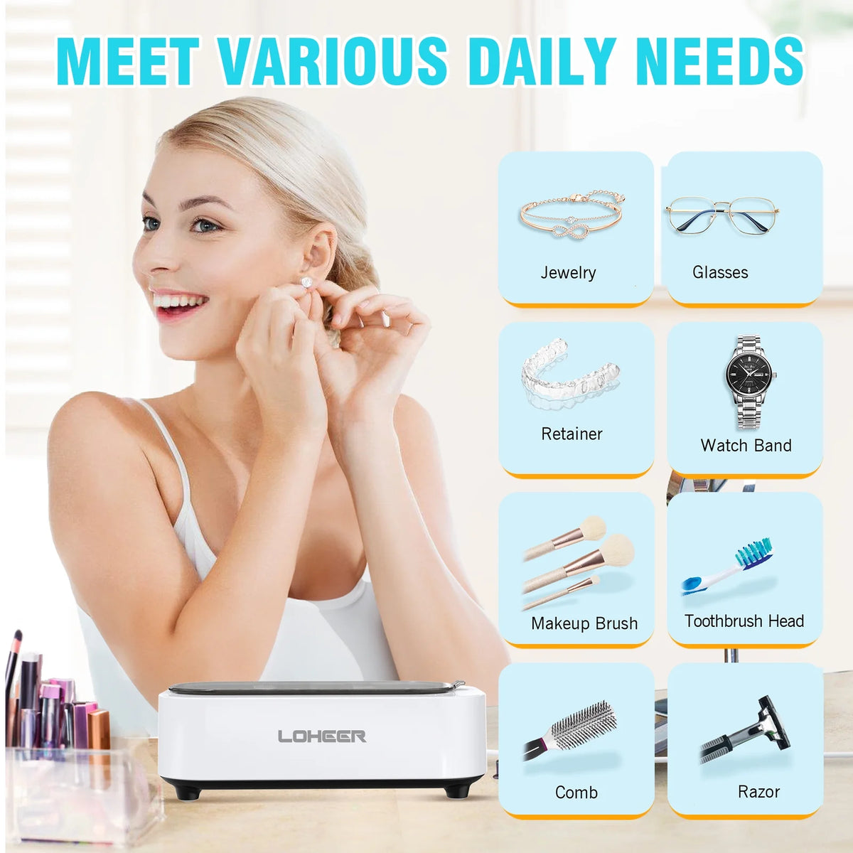 LOHEER Ultrasonic Jewelry Cleaner, 12oz 48Khz Ultrasonic Cleaner for Rings, Glasses, Jewelry