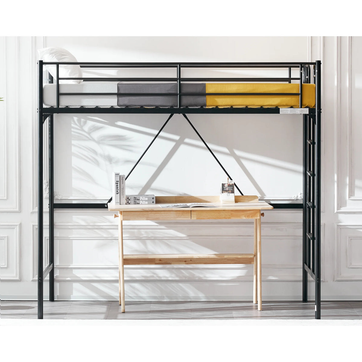 Zimtown Twin Loft Bed with Ladder Metal Bunk Bed with Flat Step Ladder for Kids Teens Adults, Black