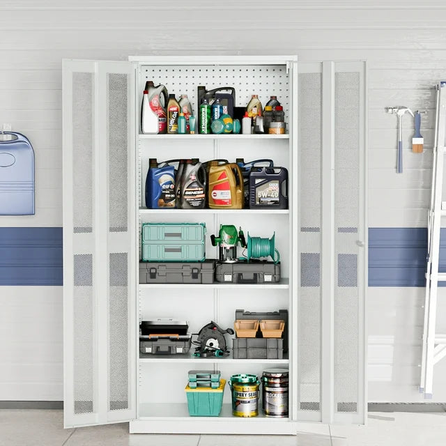 Ktaxon 71"H Metal Garage Storage Cabinet with 2 Mesh Doors, Garage Tool Storage Cabinet with Pegboards and 4 Adjustable Shelves, Locking Steel Tool Cabinets for Garage, Office, Workshop, Warehouse
