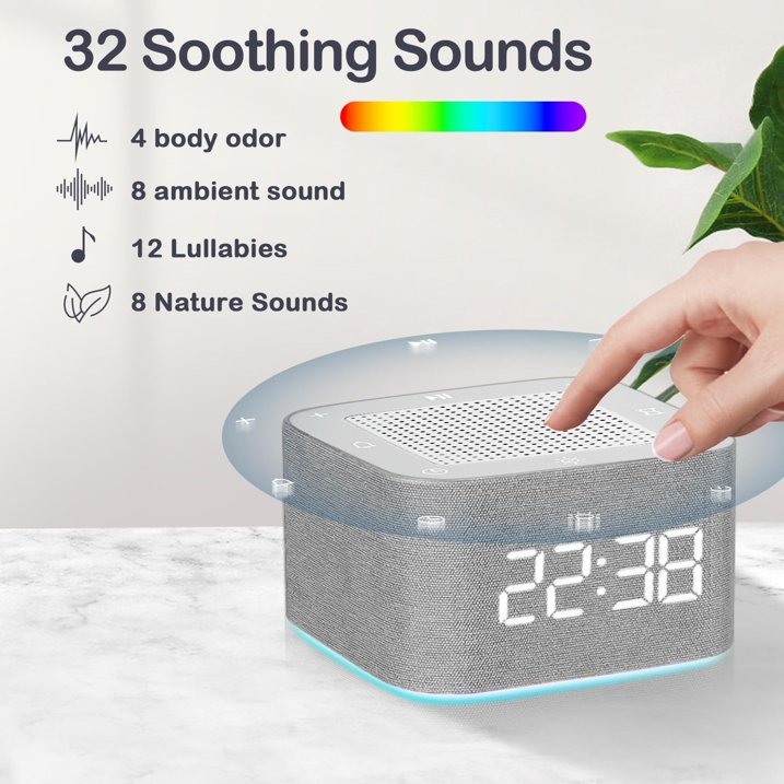 FETERVIC 4 in1 White Noise Sound Machine with 32 Sounds  Alarm Clock  Night Light, Alarm Clocks for Bedrooms with Wireless Speaker, App Control, Dimmable Clock, Noise Machine for Baby, Kids, Adult