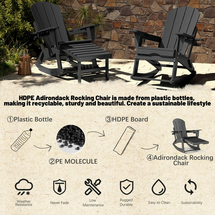 FOOWIN HDPE Plastic Rocking Adirondack Chair Set of 2, Folding Rocking Chairs for Patio Porch Rocker Chair, Black