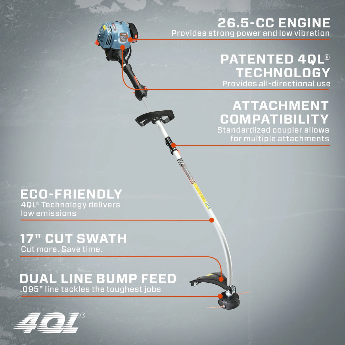 Senix 4 Cycle 26.5cc Trimmer with Curved Shaft  Attachments, Model 4QL