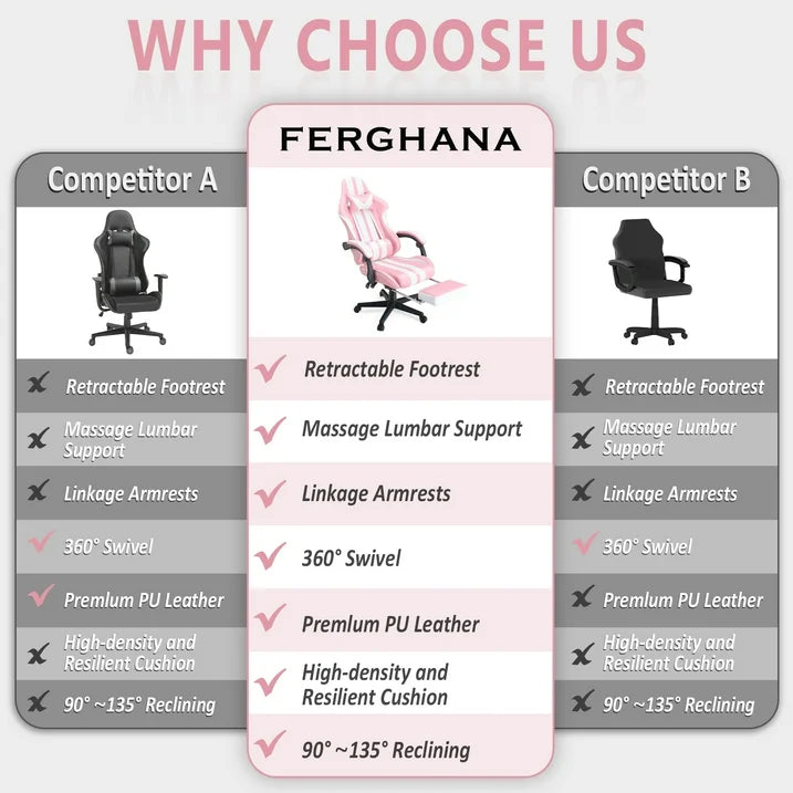 Huracan Pink Gaming Chair with Footrest High Back Ergonomic Office Gamer Chair with Massage and Headrest Lumbar Support Swivel Seat Computer Game Chair for Adults Kids