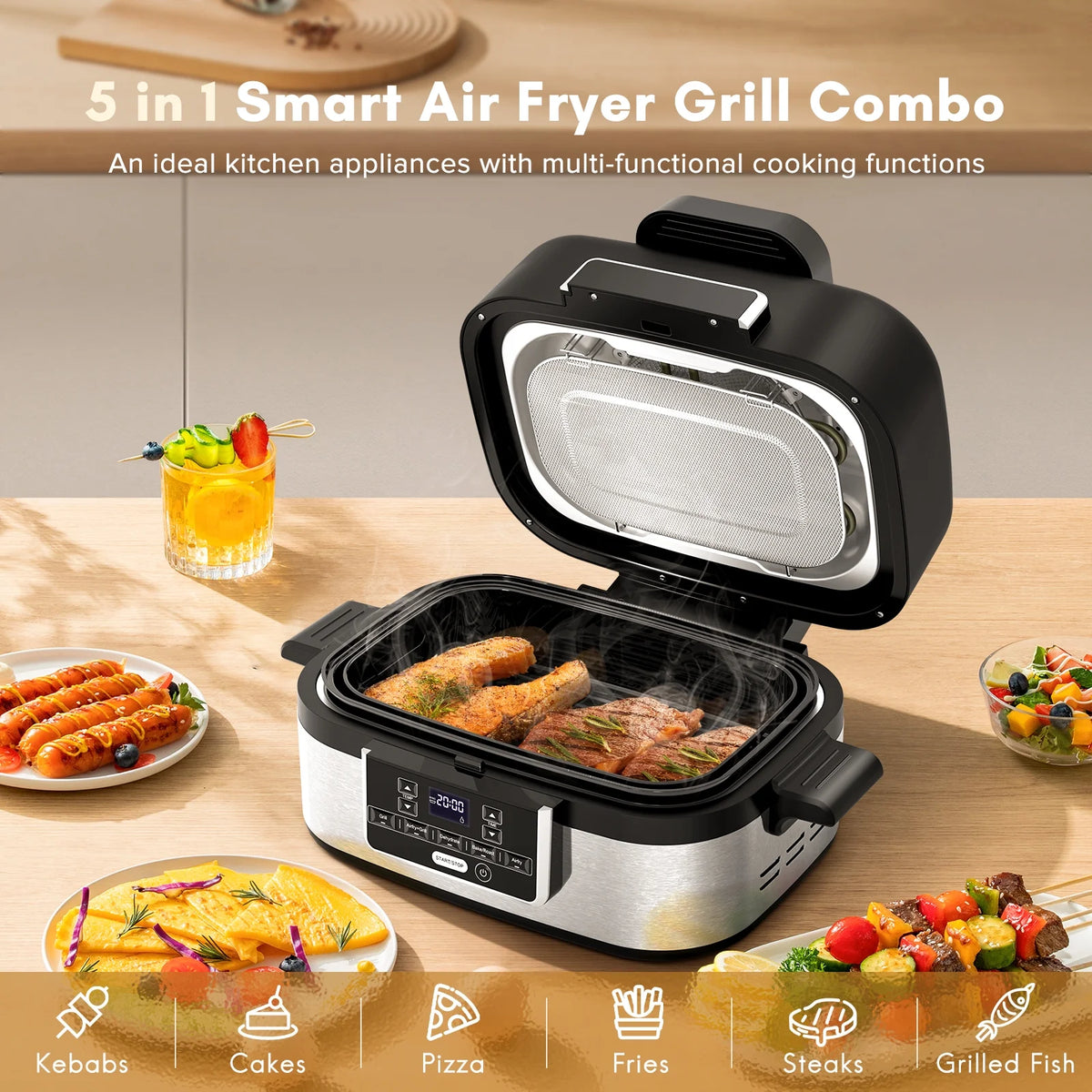Moifoi 5-in-1 Electric Indoor Grill & Air Fryer Combo, 5QT Large Capacity, Stainless Steel Smokeless, Roast, Bake, Dehydrate, Beef & Fries