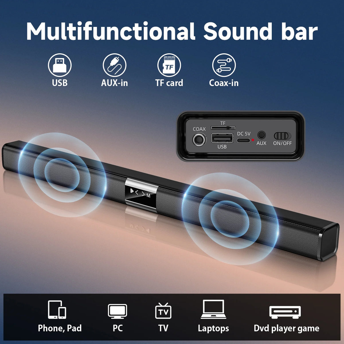FanFun Soundbar for TV, 35.24" Wireless 3D Surround Speakers, 50W Soundbar with Subwoofer, Bluetooth USB/TF Card/AUX/Coaxial Connection, Wall Mountable, FF-H8