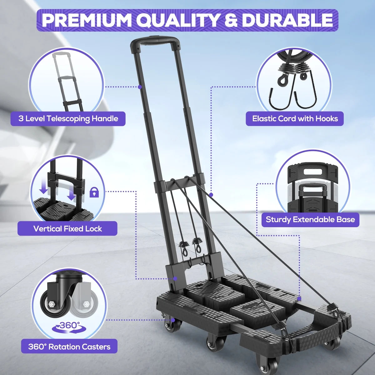 TNTANTS Hand Truck, 500 LB Heavy Duty Portable Dolly, Folding Dolly Cart with 6 Wheels & 3 Elastic Ropes for Luggage, Travel, Moving, Shopping, Office Use, Black