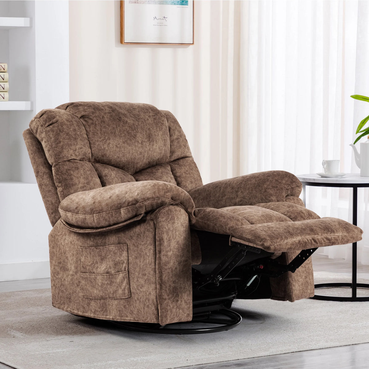 IMKHK Swivel Rocker Recliner Chair, Comfy Recliner Chair with Heat and Vibration Massage, Manual Fabric Lounge Chair with Side Pockets, 2 Hidden Cup Holders and USB Charge Port for Living Room, Brown