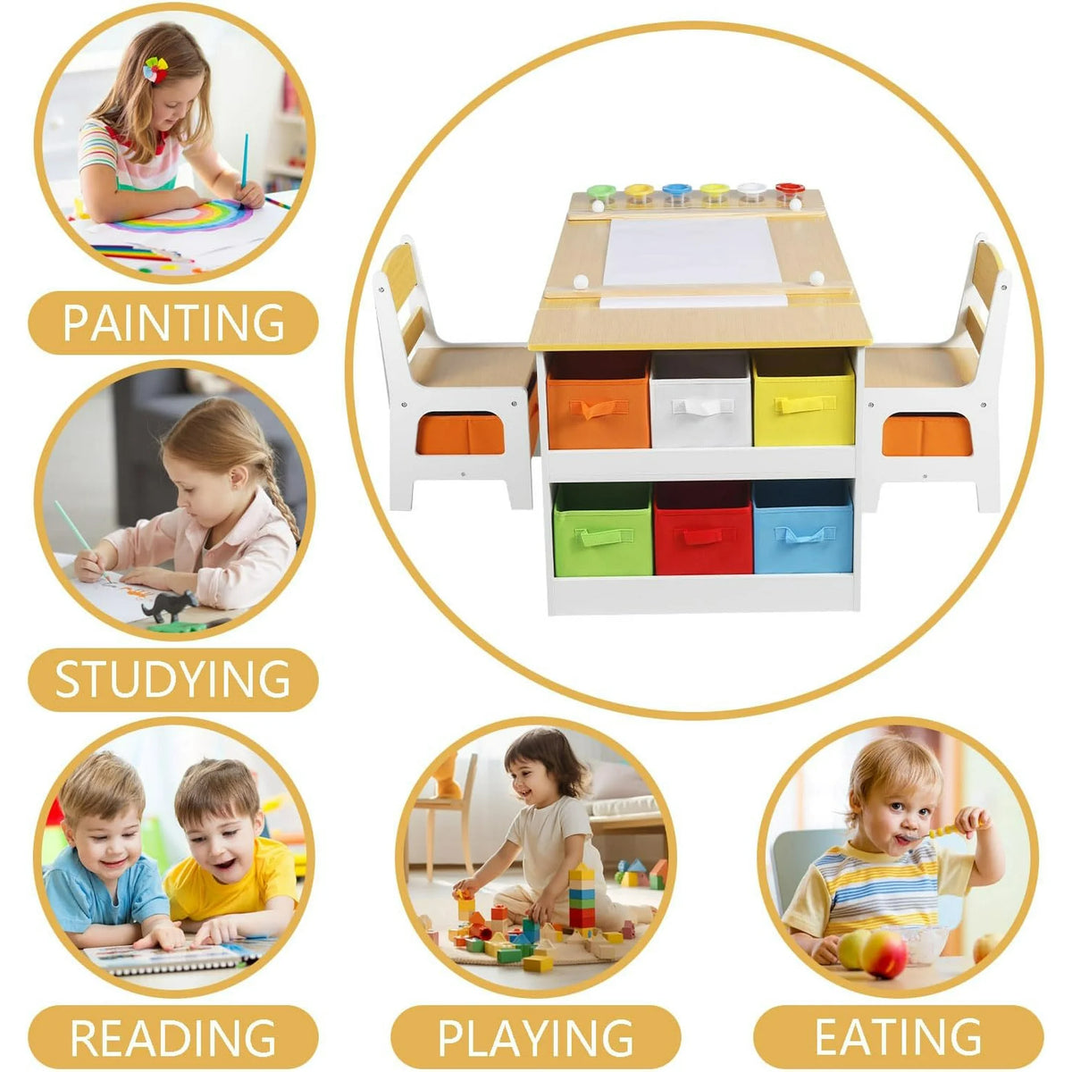 LINLUX 3 in 1 Kids Drawing Table and Chair Set with Art Easel, Toddler Activity Desk for Painting，Natural