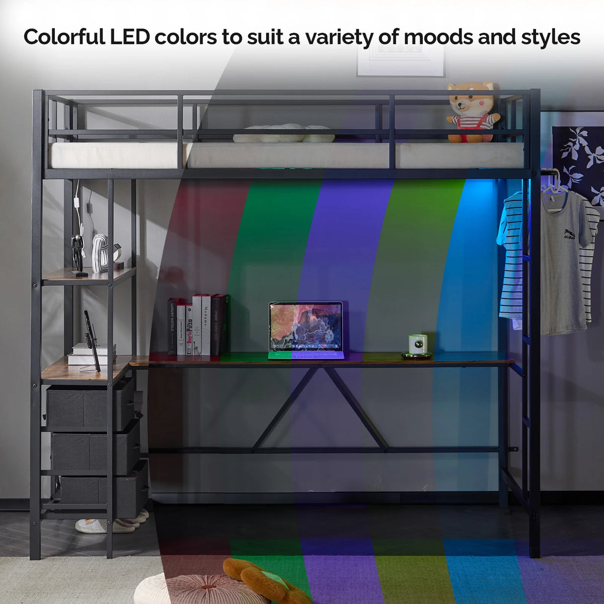 Zimtown Twin Loft Bed Frame with L Shaped Desk, Metal Bed w/ LED Light and Charging Station, Black