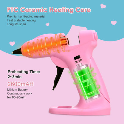 Uarter Hot Glue Gun Cordless Full Size 2600mAh USB Rechargeable LED Digital Hot Melt Glue Tool with Stand, 30 Glue Sticks  6 Finger Protectors  Pink
