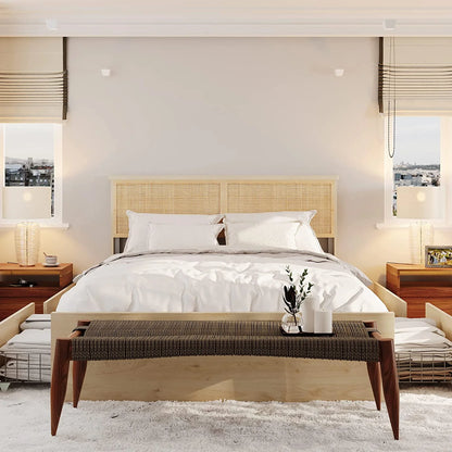 Brafab Natural Rattan Queen Bed Frame with Wooden Headboard and 4 Storage Drawers, Boho Cane Bed Metal Platform Bed with Strong Wooden Slat Mattress Foundation, Noise Free, No Box Spring Needed…