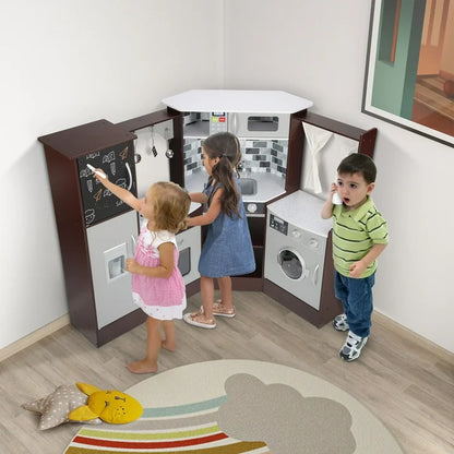 iYofe Corner Play Kitchen, Espresso Kids Kitchen Playset with Lights & Sounds, Play Phone and Curtains, Wooden Kitchen Toys for Ages 3-5 Boys Girls