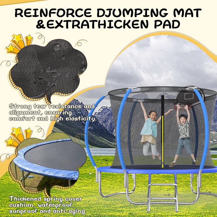 Ovatoys 800LBS 8FT Trampoline for 5 6 Kids ,Trampoline with Safety Enclosure Net,Basketball Hoop and Ladder, Easy Assembly Round Outdoor Recreational Trampoline,Age (3-10)