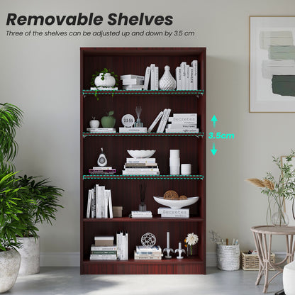 Farini 5 Tiers Bookcase, Wooden Bookcase with Adjustable Shelves for Home, Office, Mahogany