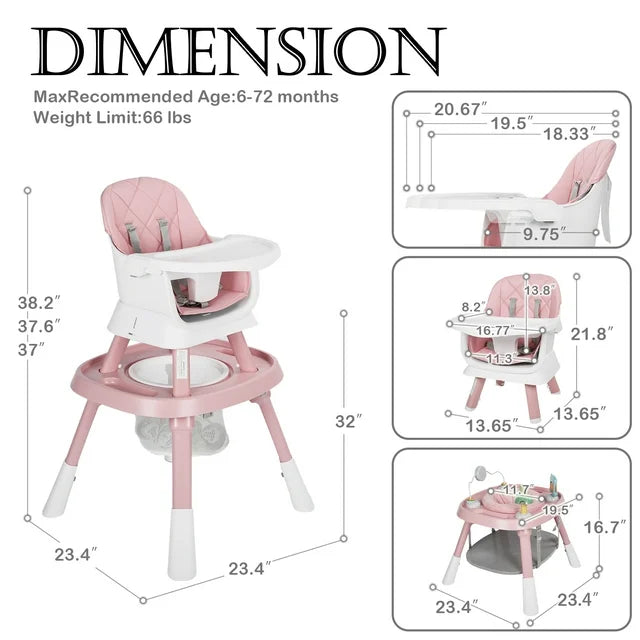 LINLUX 15 in 1 Baby High Chair, Toddler Booster Seat for Eat, Infant Dining Chair w/Stool, Pink