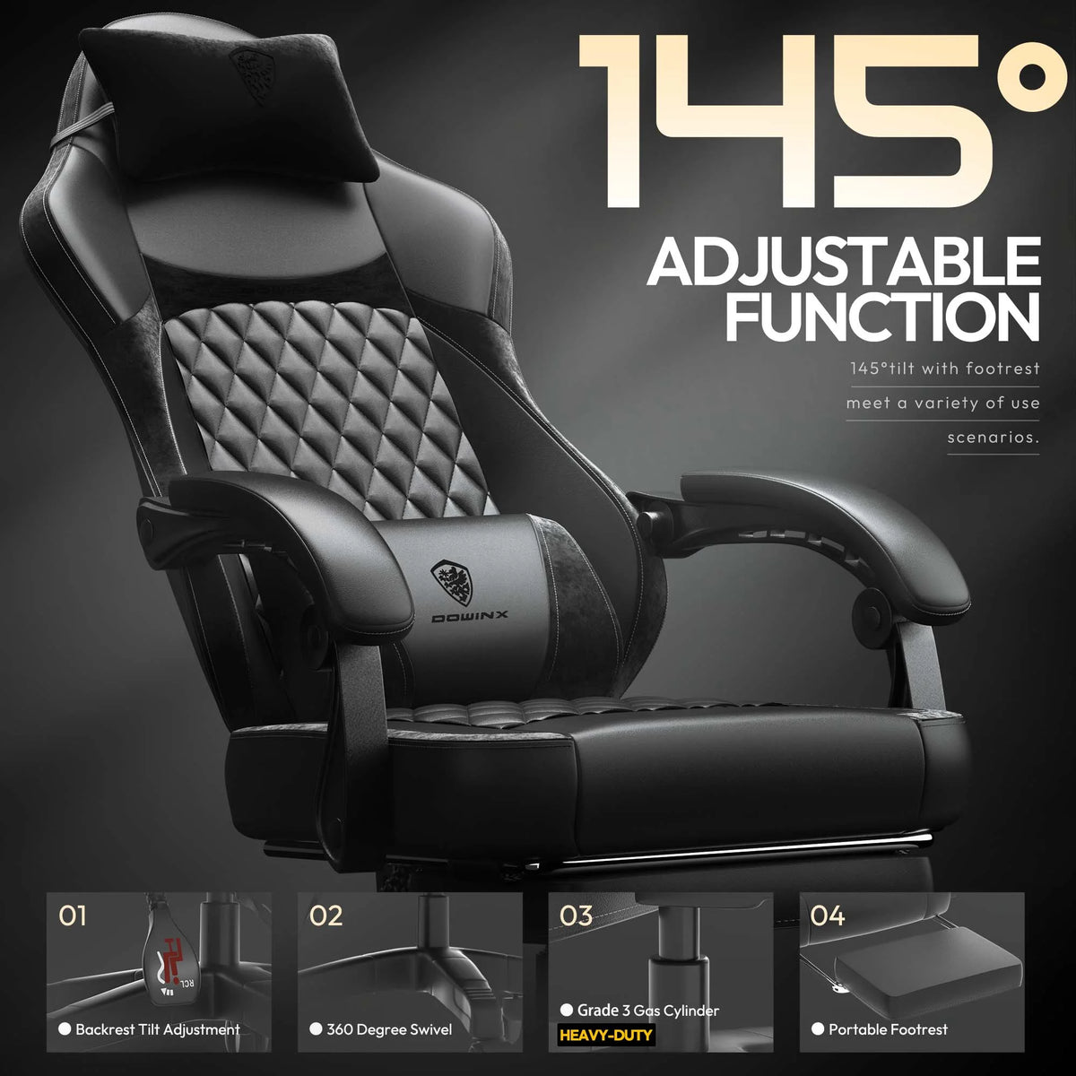 Dowinx Ergonomic Gaming Chair with Pocket Spring Cushion & Massage Lumbar Support  High Back Office Computer Chair with Footrest for Adults, 300LBS Capacity, Leather Design， Black