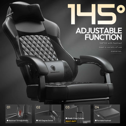 Dowinx Ergonomic Gaming Chair with Pocket Spring Cushion & Massage Lumbar Support  High Back Office Computer Chair with Footrest for Adults, 300LBS Capacity, Leather Design， Black