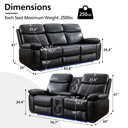 Othniel 2PCS Power Recliner Sofa Sets with Bass Speaker,Wireless Charger LED Light,USB Port,Gray