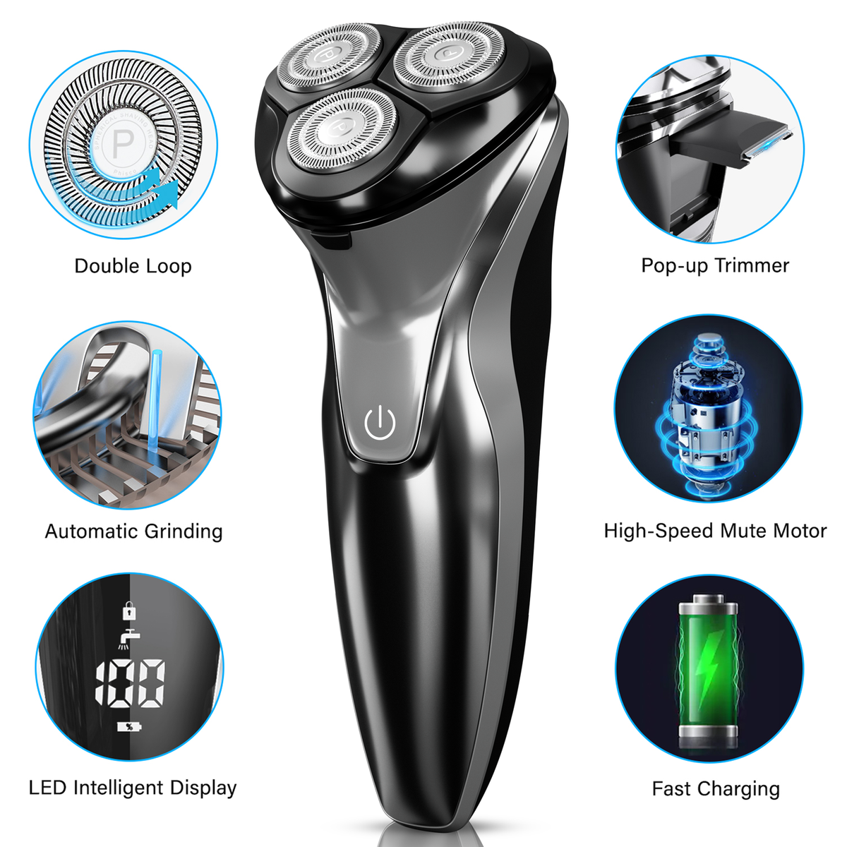 Cordless Electric Razor for Men - Precision Shavers for Man for Beard/Nose/Sideburns, Wet & Dry Razors with Pop-Up Trimmer, USB Plug-and-Play, LED Display，IPX7 Waterproof, Black