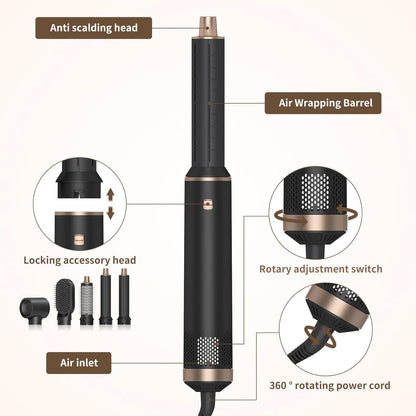 5 in 1 Hair Dryer Brush Hot Air Curling Brush Negative Ion Air Styler，Multi Function Blow Dryer Brush with Curling Wand, Straightening Brush, and Volumizing Hot Air Brush for All Hair Types（Black）